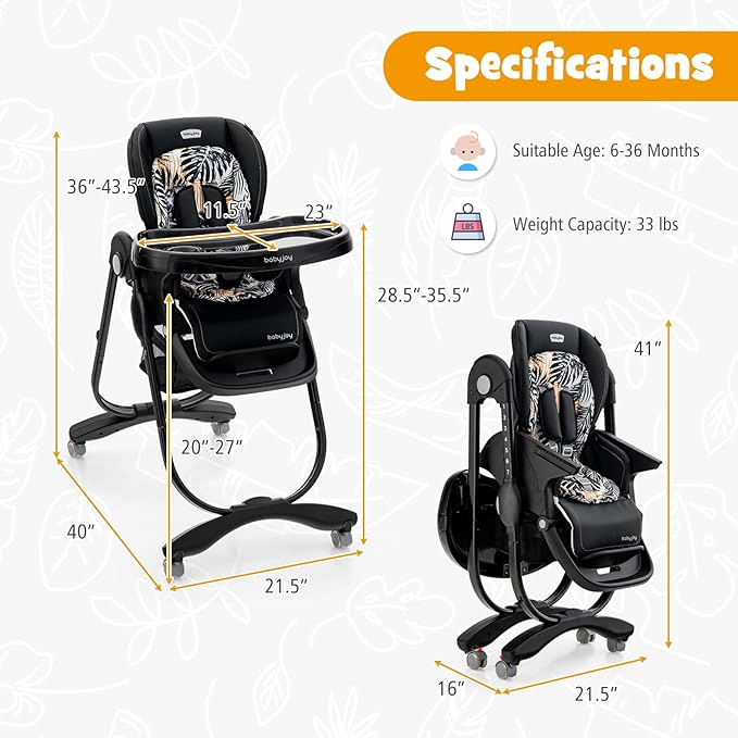 BABY JOY High Chair, Foldable Baby High Chair with Adjustable Height, Recline & Footrest, Double Removable Tray, Storage Basket, Portable Chair with Wheels for Babies & Toddlers (Black)