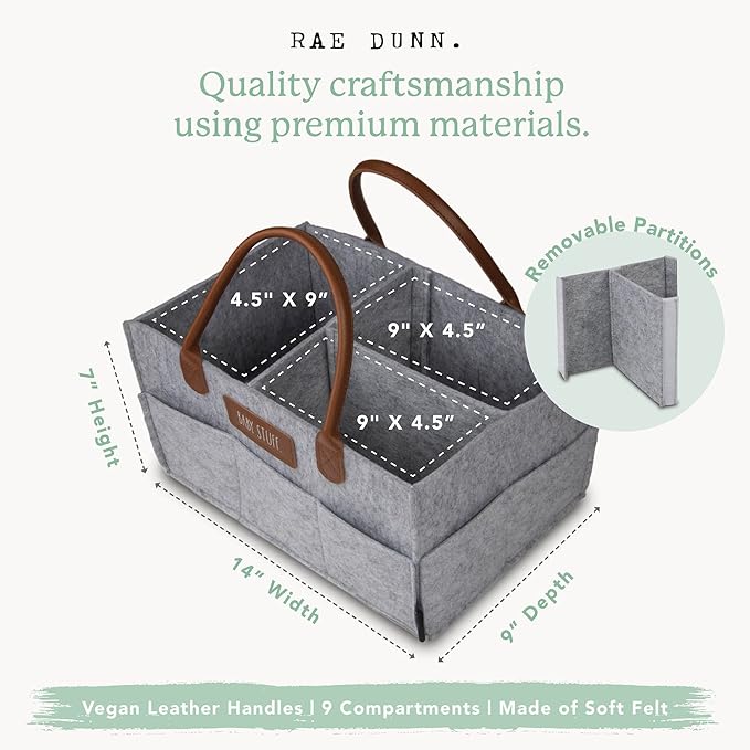 Rae Dunn Baby Diaper Caddy Organizer, Nursery Storage for Changing Table and Car, Portable Basket for Items, Shower Gifts, Grey Felt With Leather Handles, Small