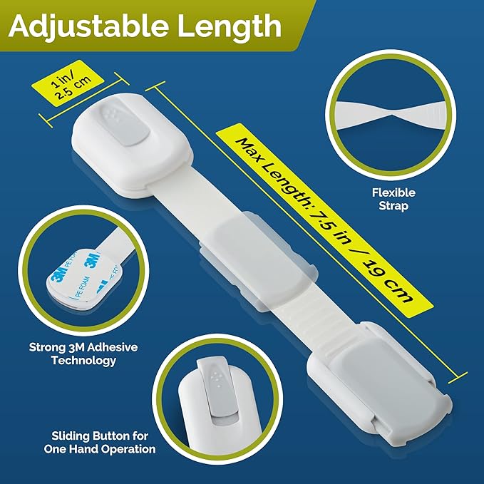 Child Safety Strap Locks (4-Pack) Baby Locks for Cabinets and Drawers, Toilet, Fridge & More. 3M Adhesive Pads. Easy Installation. (White/Gray)
