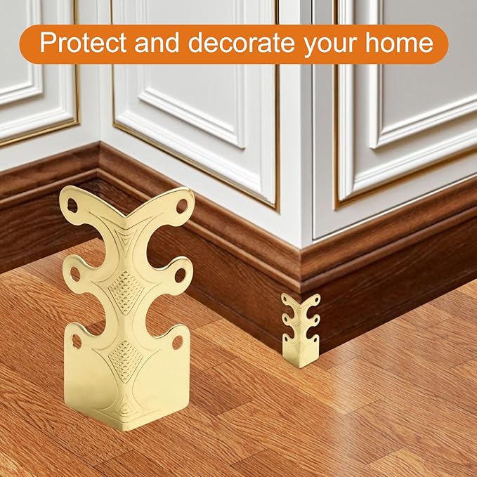 6Pcs Skiffers Baseboard Corner Protectors, Rustic Vintage Metal Corner Guard, Decorative Baseboard Shield, Brass Skirting Board Protection, Antique Bronze Furniture Edge Protector (Gold)
