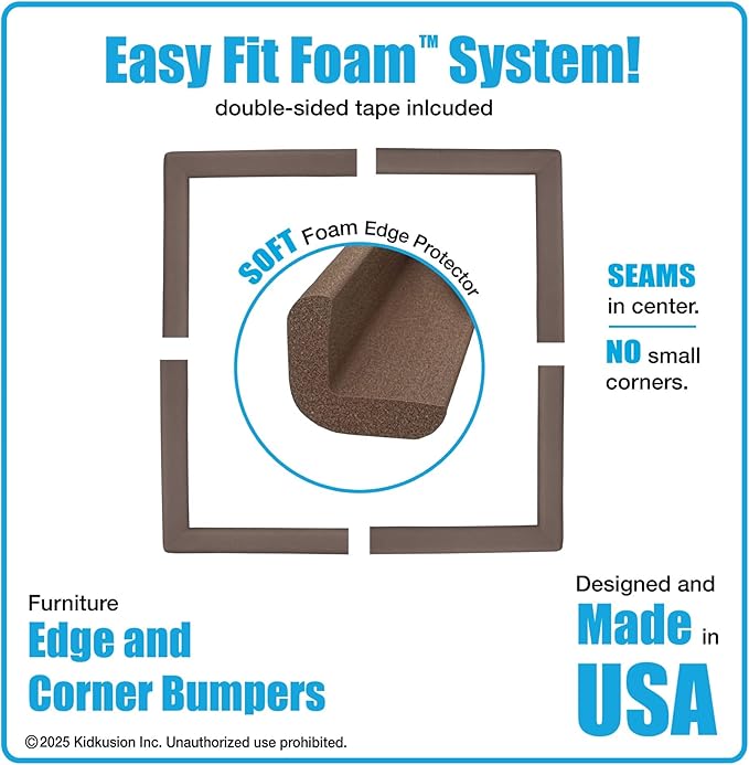 KidKusion Corner and Edge Protector | Easy Fit System | Soft Durable Foam Rubber Padding for Furniture w/Doublesided Tape | Babyproofing Bumper Guards | Large Profile | 16 Ft. | Brown