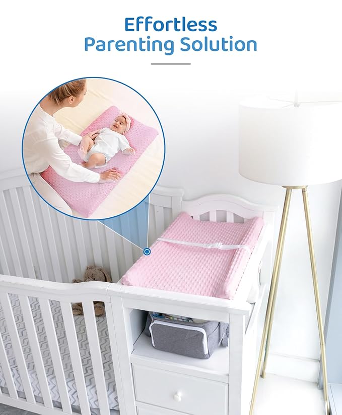 LOONAH Compact Small Changing Pad with Cover - 27" X 16" Contoured Baby Diaper Changing Pad for Combo Crib with Changing Table-Waterproof & Hypoallergenic, Safety Strap with Quick-Release Buckle-Pink
