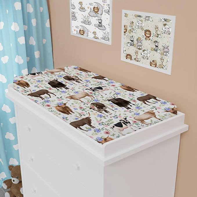 Farm Cows Boho Floral Changing Pad Cover Cows Yak Cattles Flowers Change Table Pad Cover for Boys Girls Farm Animals Soft Breathable Stretchy Fitted Diaper Changing Mat Sheets 32''x16''