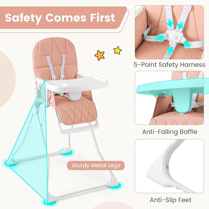 HONEY JOY High Chair, Foldable Baby Feeding Chair, Adjustable Tray & Footrest, Removable Easy-to-Clean PU Seat Cushion, 5-Point Harness, Cup Holder, Highchairs for Babies and Toddlers (Pink)
