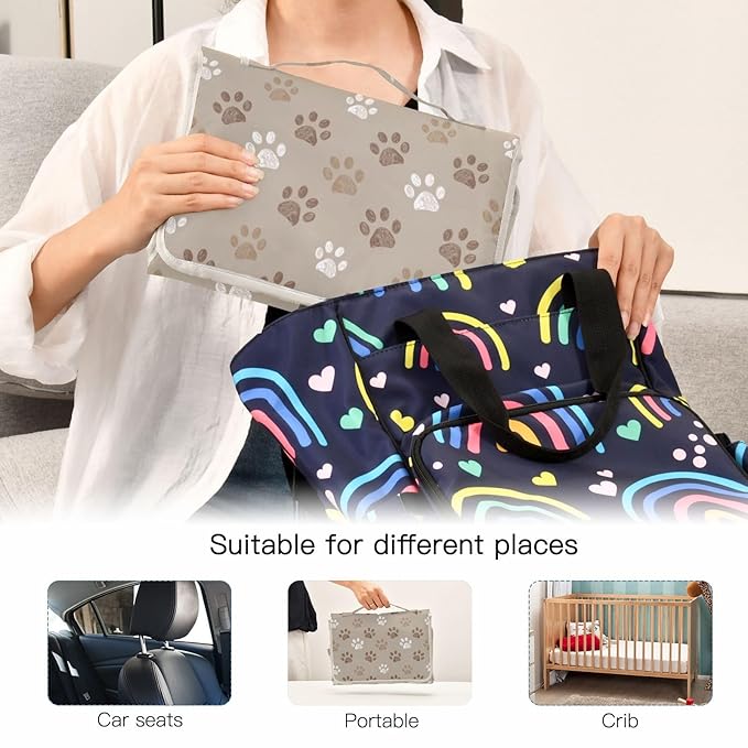Dog Paws Portable Diaper Changing Pad with Wipes Holder, Brown and White Paw Foldable Baby Diaper Changer Travel Bag Cute Baby Changing Mat with Built-in Pillow for Newborn