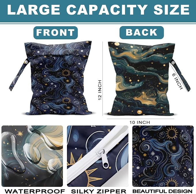 ZHAMEN 2Pcs Wet Bag, Wet Dry Bag Reusable with Zipper, Travel, Beach, Pool, Diapers, Dirty Yoga Gym Clothes, Makeup Bag, Waterproof Wetdry Packing, Gold Night Sky Decore (12x10 Inch)