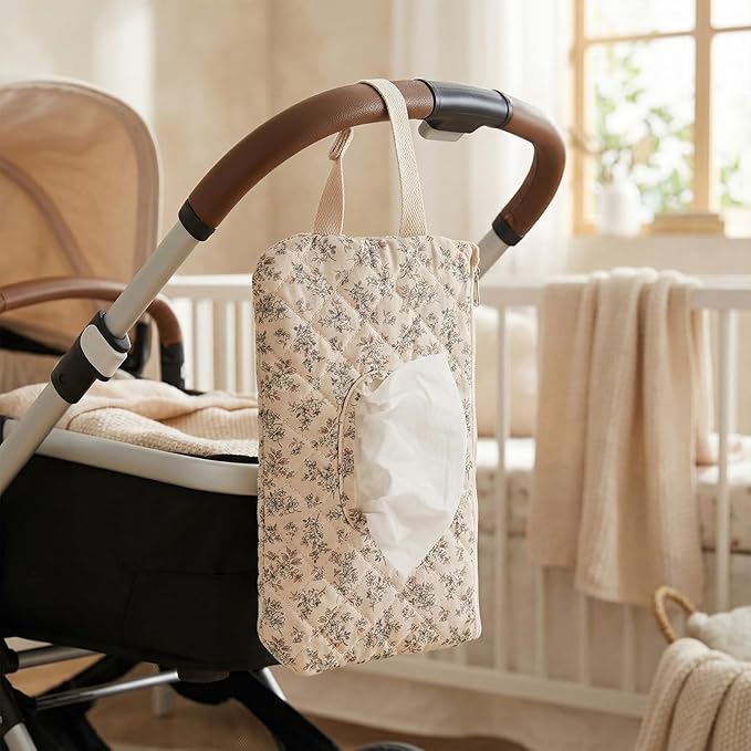 Quilted Baby Wipe Holder, Canvas Floral Quilted Pouch with Hanging Strap, Portable Diaper Wipe Holder for Travel Stroller-Hibiscus
