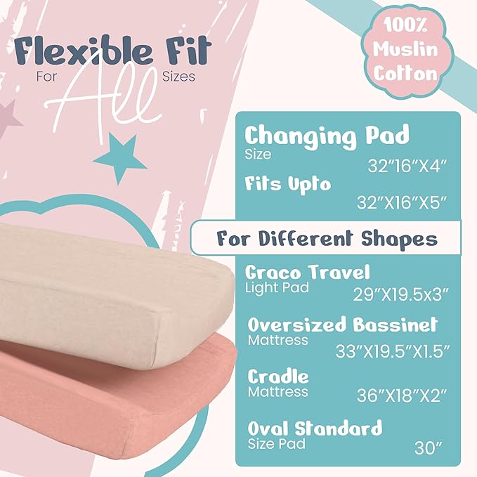 100% Muslin Changing Pad Cover Ultra Soft 120GSM Baby Changing Pad Covers for Girls and Boys - Easy wash Diaper Changing pad Cover with Low Shrinkage (2 Pack - Beige/Sand)