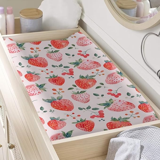 Strawberry Diaper Changing Pad Cover for Boy Girl 32"x16" Soft & Breathable Changing Pad Cover Wipeable Baby Change Table Mat Comfy Bassinet Cradle Mattress Sheets