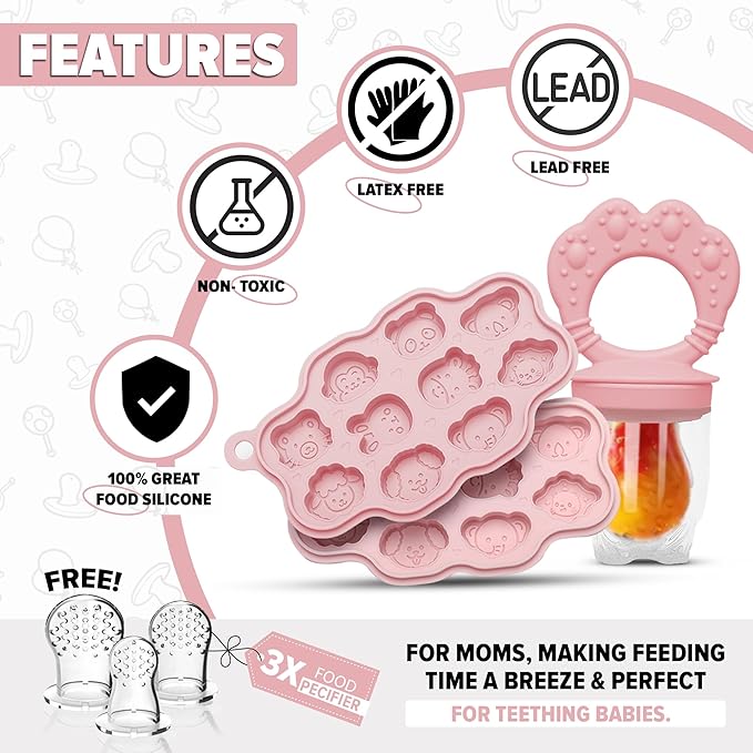 Set 1 : O’doe Silicone Baby Popsicle Molds & 1 Baby Food Feeders with 1 Clip, 1-Pack Freezer Tray with Lid, 10-Hole Popsicle Molds for Teething Relief, Includes 3 Extra Pacifiers, BPA Free (Pink)