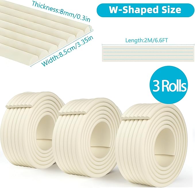 ZOMPAGO Beige Foam Edge & Corner Protector Tape, 3 Rolls,0.35" Thick x 3.15" Wide x 6.56 FT, Strong Adhesive, Baby Proofing for Table Edge, Crib Edge, Sharp Furniture Edge Protection