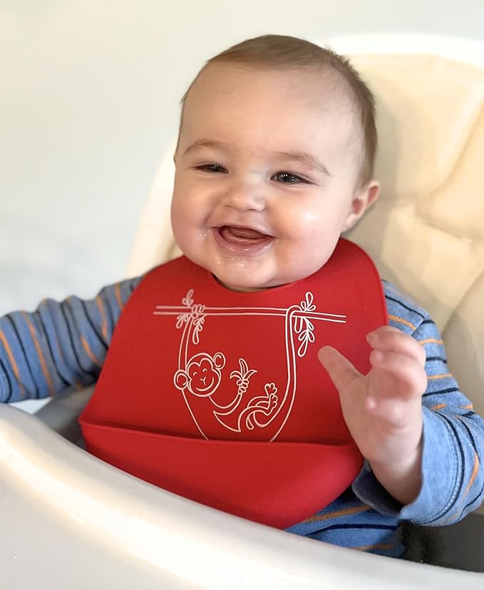 Modern Twist Bucket-Bib 100% Food-Grade Silicone, Waterproof and Reusable, Monkey Business – Red