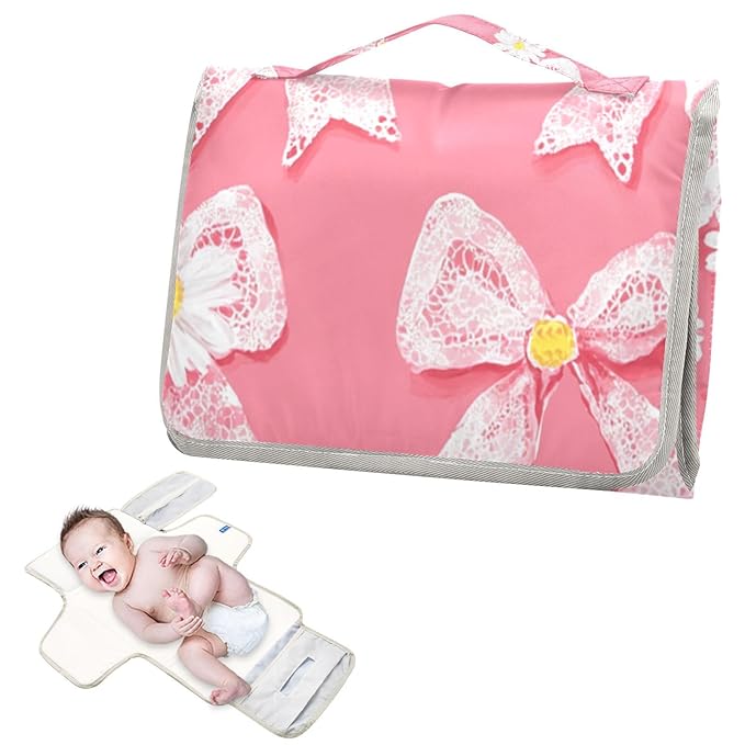 Portable Diaper Changing Pad Travel Baby Changing Mat Waterproof Diaper Changing Mat Foldable Lightweight Baby Changer with Built-in Pillow Lovely Daisies Lace Bows Pink