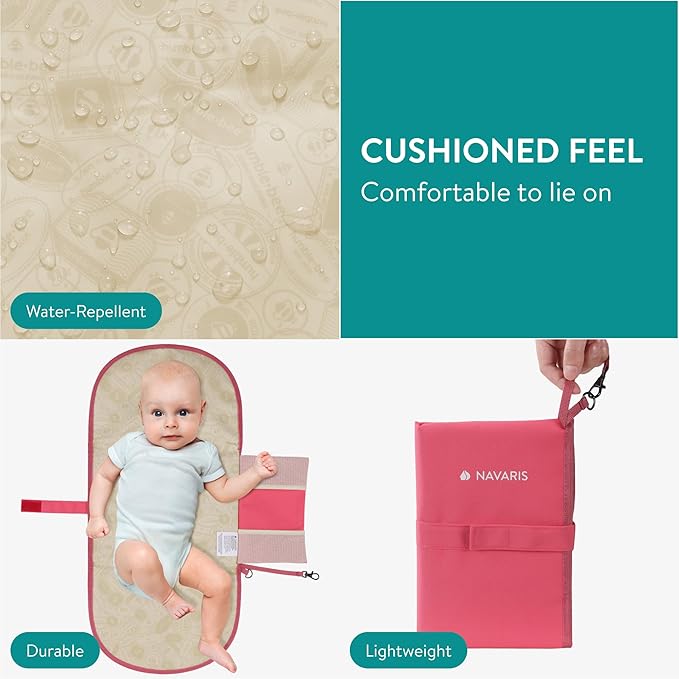 Navaris Baby Changing Mat Portable - Slim Lightweight & Foldable Baby Change Mat - Water Repellent Travel Changing Mat with Pockets - Folding Mat for Clean Diaper Changes - Coral