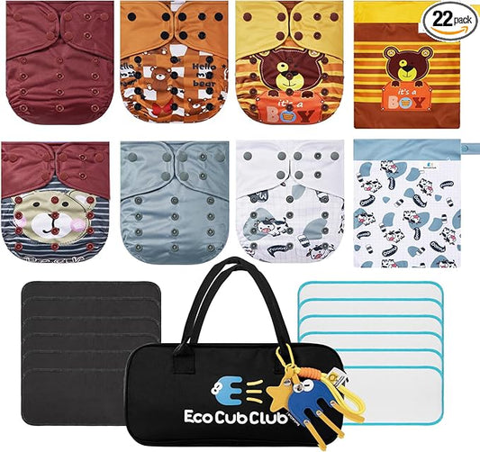 Reusable Washable Cloth Diapers 6pcs for Baby Shower,Leak-Proof Double Gussets Fleece Lining,12 Soft Fleece Inserts & 2 Wet Bags,Packed in Durable Travel Handbag&Key Chain-B-09-F