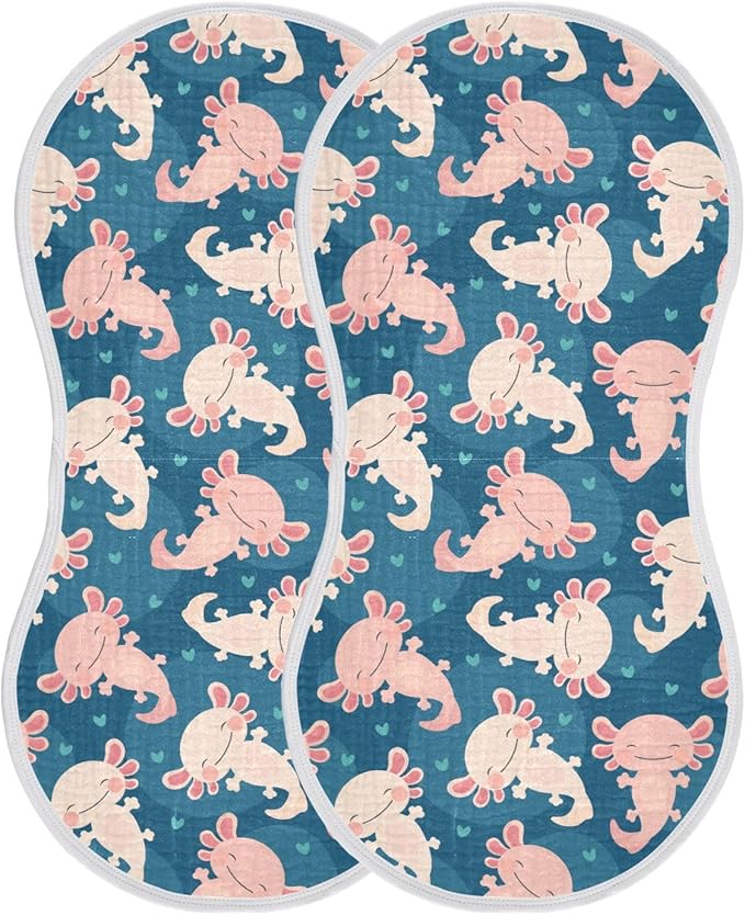 Muslin Burp Cloths for Baby Boys and Girls - 2-Pack Ultra Absorbent Cute Axolotl Muslin Washcloths, Newborn Towel, Milk Spit Up Rags, Burp Cloth Bib for Unisex, 22 x 11 Inch