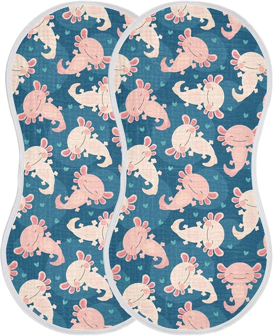 Muslin Burp Cloths for Baby Boys and Girls - 2-Pack Ultra Absorbent Cute Axolotl Muslin Washcloths, Newborn Towel, Milk Spit Up Rags, Burp Cloth Bib for Unisex, 22 x 11 Inch