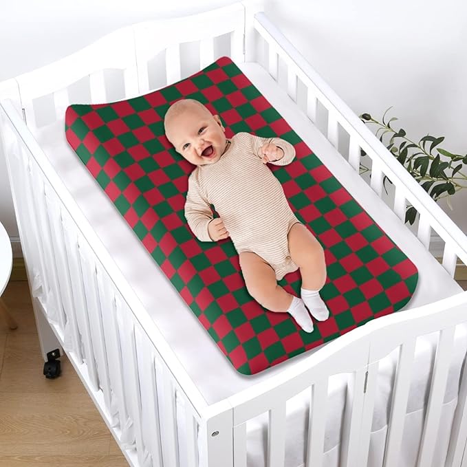 Red and Green Checkered Changing Pad Cover for Baby Girls Boys Cartoon Breathable Diaper Change Table Sheet Soft Stretchy Cute Change Table Mat Cover Fit 32x16