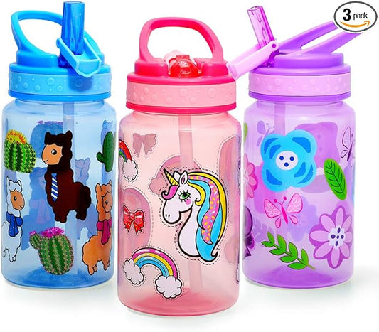 15oz Kids Water Drinking Bottle - BPA Free, Wide Mouth, Flip Straw Sip Lid, Easy Open, Lightweight, Leak-Proof, Cute Design For Girls & Boys - 3 Pack Flower & Unicorn & Llama