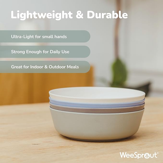 WeeSprout Bamboo Kids Bowls with Lids, Set of Four 10 oz Kid-Sized Dinnerware, Cereal, Leftovers & Snack Bowl, Dishwasher Safe (Blue, Green, Gray, & Beige)