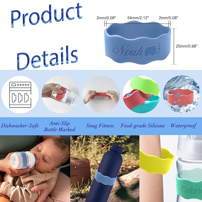 Personalized Water Bottle Name Bands Custom Engraved Silicone Labels Customized Silicone Baby Bottle Labels for Daycare Reusable Baby Bottle Straps for Kids Cups School Waterproof-Pink
