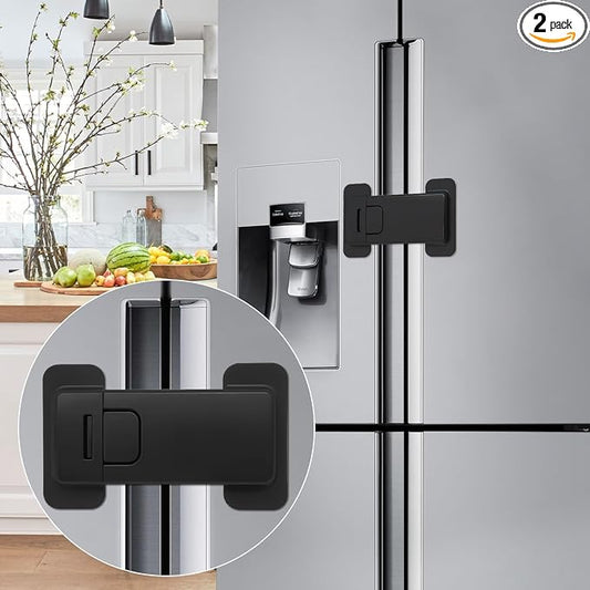 French Fridge Locks for Kids, 2 Pack Baby Safety Refrigerator Lock, Pet/Child Proof Freezer Latch, Cabinet Cupboard Lock with 3M Adhesive, Tool-Free, Drill-Free Install (Matte Black)