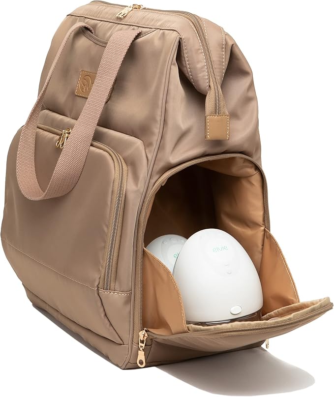 Sarah Wells Norah Breast Pump Backpack for Work & Travel – Insulated Milk Storage, Laptop Sleeve, Stylish Diaper Bag Alternative with Wide-Open Frame – Hands-Free Pumping Bag (Latte)