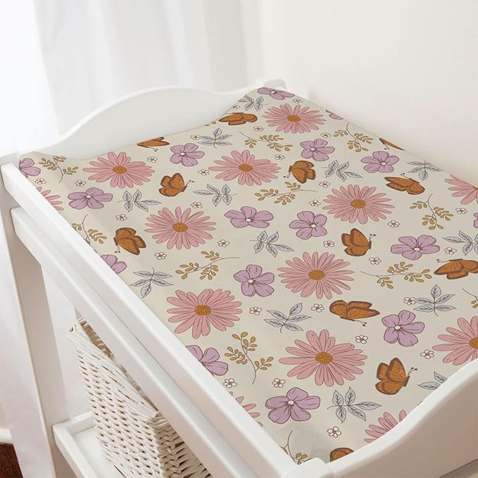 Vintage Flowers Butterflies Baby Changing Pad Covers for Boy Girl 32''x16'' Retro Boho Floral Leaves Fitted Changing Table Sheets Spring Wild Plants Soft Breathable Nursery Diaper Change Table Mats