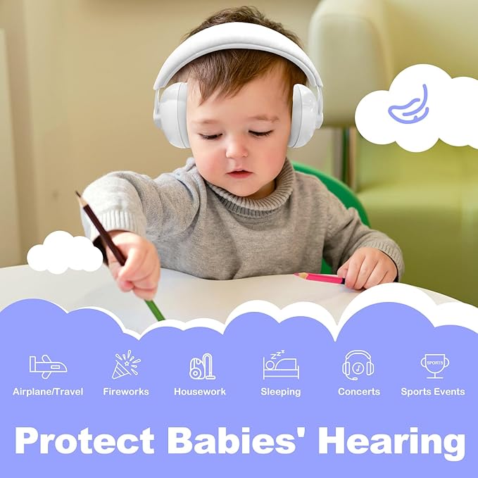 HZ002 Baby Ear Protection, Noise Cancelling Headphones for Babies and Toddler 3 Months up to 24 Months, Baby Earmuffs for Fireworks, Sleeping, Concerts, Plane - White