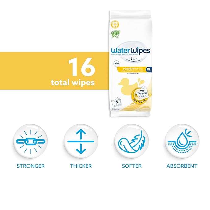 WaterWipes Sensitive+ Bathing Wipes,3-In-1 Cleans,Cares,Protects,99.9% Water,Unscented & Hypoallergenic,16 Count (Pack of 12)