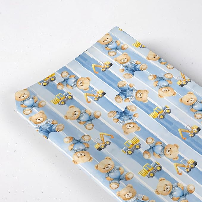 Cute Cartoon Bear Heats Construction Trucks Car Stripes Baby Changing Pad Cover, Unisex Bear Nursery Diaper Changing Table Pad Mat Sheet for Boys Girls-16x32