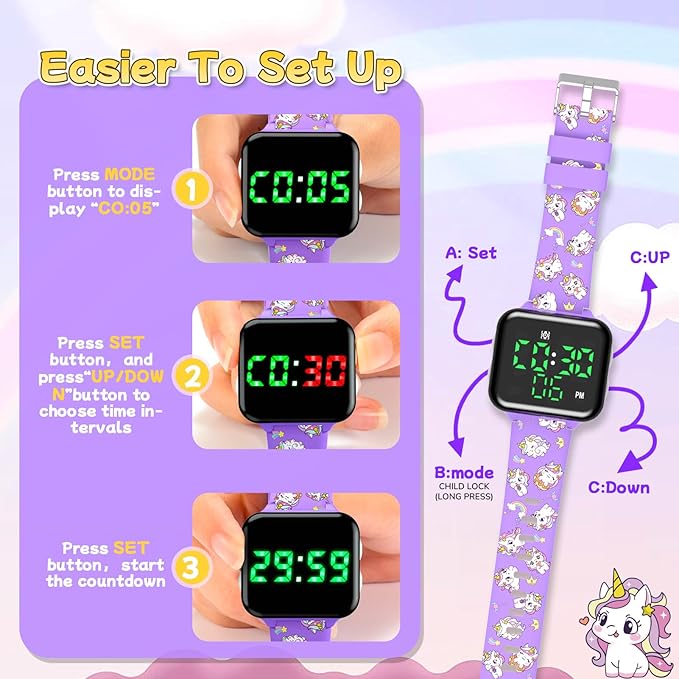 Toddler Potty Training Watch: Music & Light Reminders Water Resistant Potty Watches for Kids Adjustable Volume Countdown Timer Rechargeable Unicorn Digital Toddler Watch for Girls (Purple)