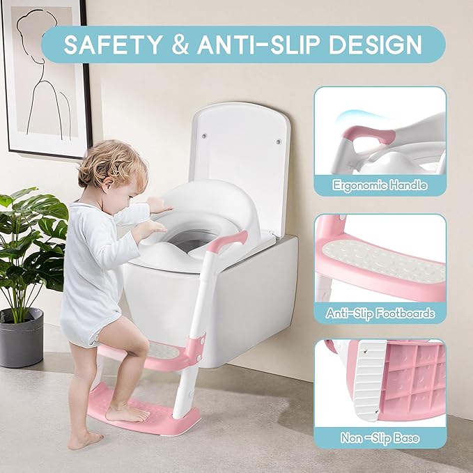 COOSEYA Potty Training Toilet with Step Stool Ladder, Toddler Kids Potty Training Seat for Boys Girls, Foldable Anti-Slip Toilet Toddler Seat Splash Guard Soft Cushion Safety Handles (Pink)