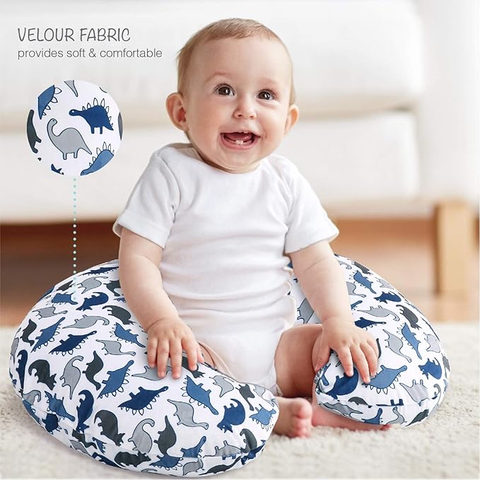 The Peanutshell Nursing Pillow Cover Set of 2 - Soft Newborn Nursing Baby Girl or Boy Pillow Covers, Supportive & Comfortable Breastfeeding, Tummy Time Must Haves, Baby Essentials - Dino & Blue Minky