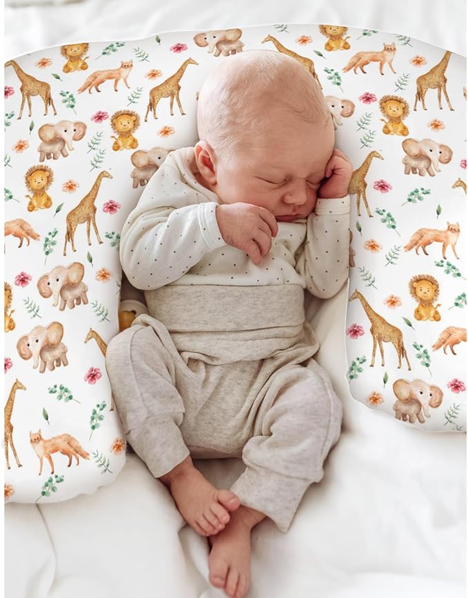 Watercolor Safari Animals Baby Nursing Pillow Covers for Boy Girl Lion Giraffe Elephant Floral Leaves Nursery Pillowcase for Breastfeeding Pillows African Jungle Soft Stretchy Slipcover for Infant