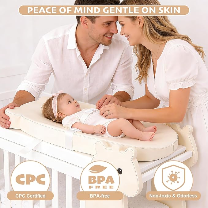 Baby Changing Pad, Waterproof & Wipeable Soft Diaper Changing Mat with PU Cover, Contoured Baby Changing Pad for Dresser & Table, with Non-Slip Safety Belt, Portable & Lightweight,Large Cushioned Foam