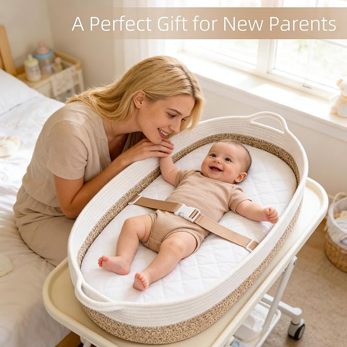 Baby Changing Basket with Diaper Changing Pad, Breathable & Waterproof Dual-Cover Foldable Portable Travel Cotton Rope Baby Changing Mat for Dresser & Table Gift for Baby Shower
