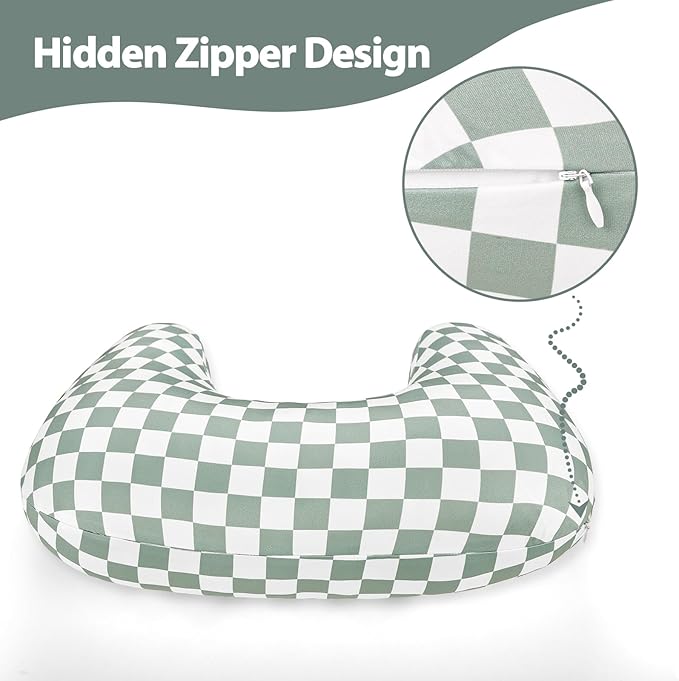 DILIMI Nursing Pillow Cover, Soft Stretchy Nursing Cover for New-Designed Breastfeeding Pillow, Removable Slipover for Baby Boy and Girls, Green Checkered Only Cover