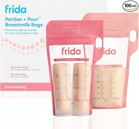 Frida Mom Breastmilk Storage Bags, 100ct Variety Pack, Standard & Splitstash Freeze & Thaw Milk Bags for Breastmilk, Leakproof Seal, Perfect Pour Spout, Precise Portions, No Slip Finger Grip, BPA Free