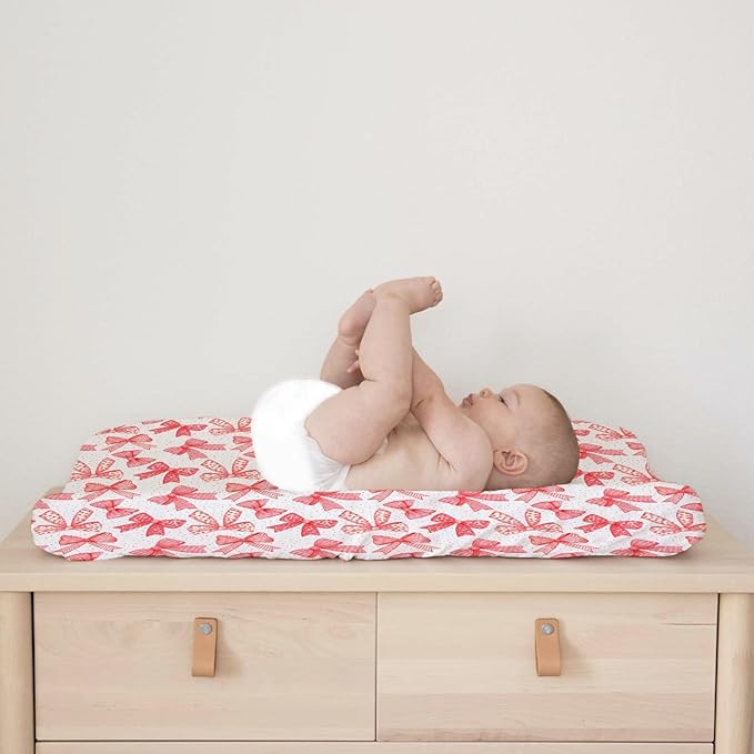Red Valentine's Bows Baby Changing Pad Covers for Girls 32''x16'' Girly Red Hair Bows Fitted Diaper Change Table Pad Mats Valentine Hearts Love Soft Breathable Nursery Cradle & Bassinet Sheets Red