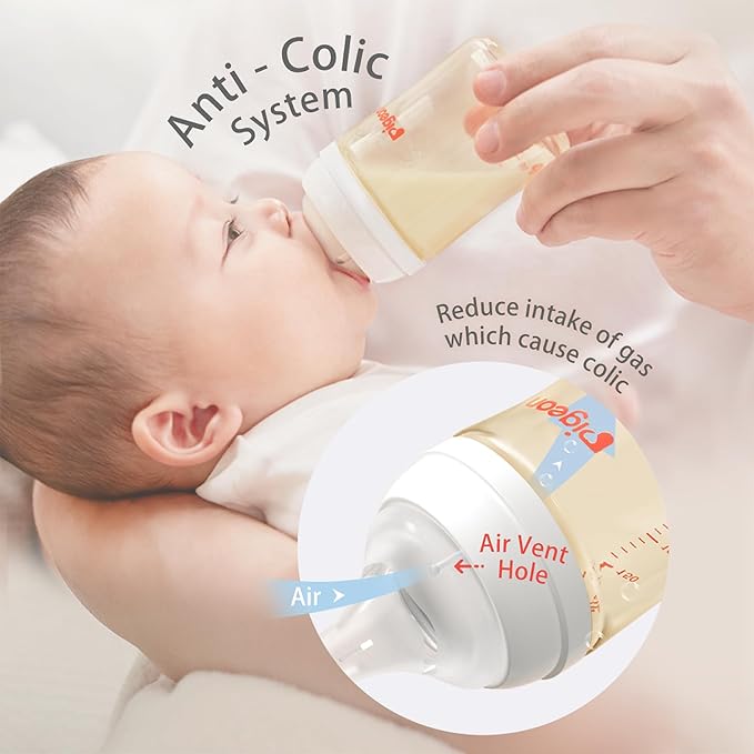 Pigeon PPSU Baby Bottle(5.4 Oz, Pack of 2) with 4 Latch-On Line Silicone Nipples, Newborn Feeding Set(0~3M)