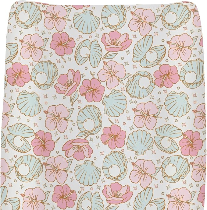 Boho Summer Mermaids Floral Changing Pad Covers for Baby Girls Boys Beach Seashells Conch Tropical Flowers Fitted Change Table Pad Covers Mats Ocean Marine Soft Diaper Changing Pad Sheets 32''×16''