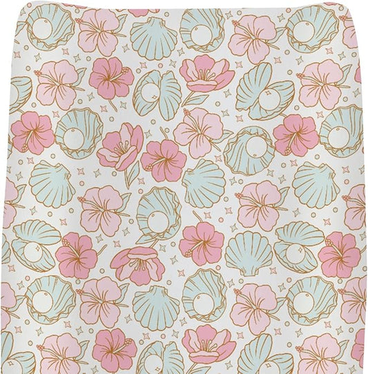 Boho Summer Mermaids Floral Changing Pad Covers for Baby Girls Boys Beach Seashells Conch Tropical Flowers Fitted Change Table Pad Covers Mats Ocean Marine Soft Diaper Changing Pad Sheets 32''×16''