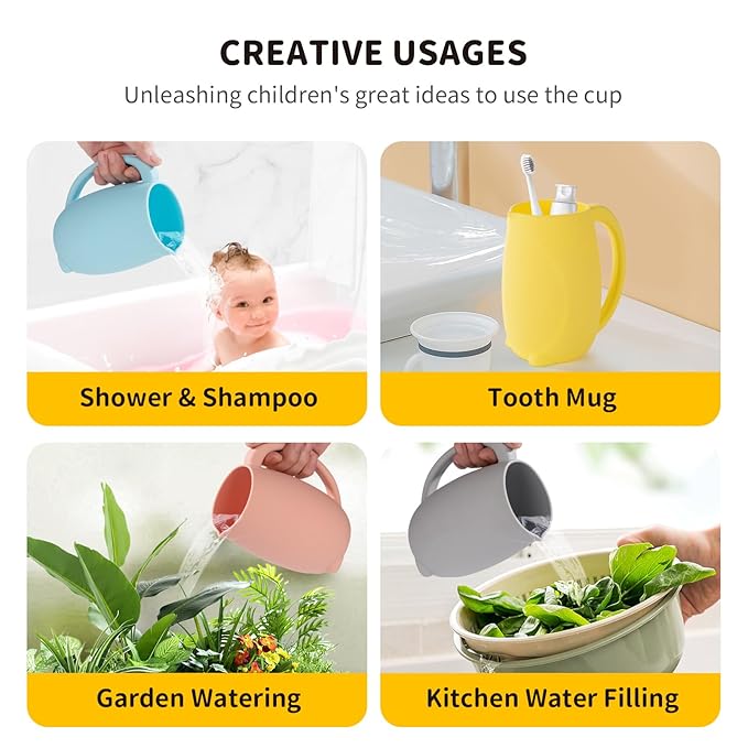Baby Bath Rinse Cup - Children's Shampoo and Body Wash Rinse Cup with Easy Grip Handle for Rinsing Baby Shampoo and Soap - Food Grade Silicone - Penguin (Yellow)