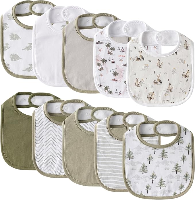10 Pack Cotton Snap Bibs for Baby Boy Girl, Super Soft Drool Bibs for Teething and Feeding