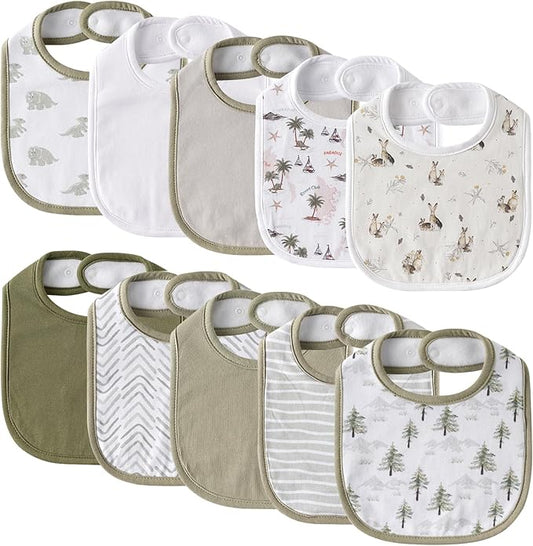 10 Pack Cotton Snap Bibs for Baby Boy Girl, Super Soft Drool Bibs for Teething and Feeding