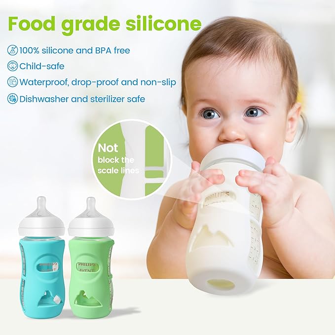 4 Pack Silicone Sleeves for Philips Avent Natural Glass Baby Bottles, Food Grade Silicone Cover and 4pcs Travel Caps, Lids Replacement (2White+1Blue+1Green, 8oz)