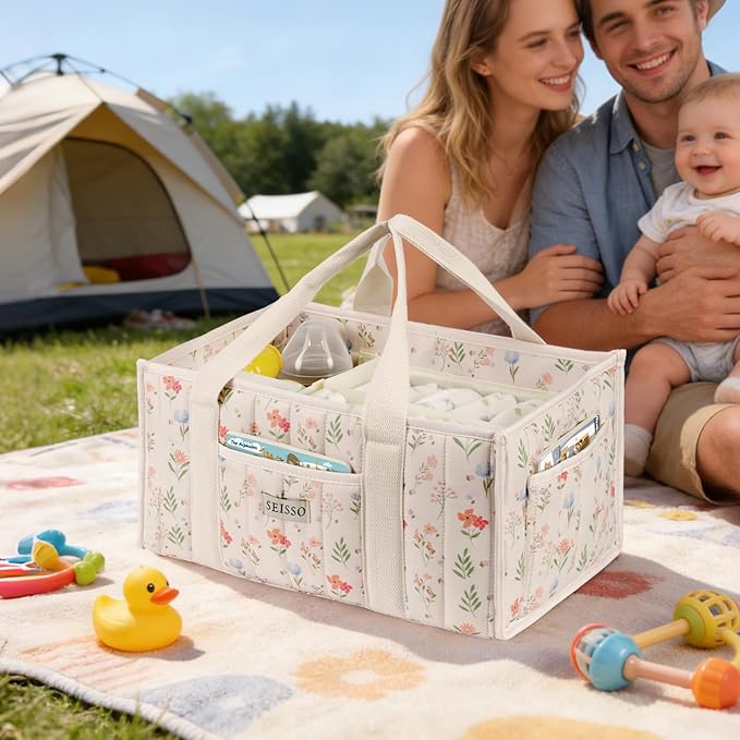 SEISSO Diaper Caddy Organizer with Handle, Portable Baby Gift Basket, Floral Diaper Organizer Nursery Storage Bag, Newborn Girl Boy Essentials, Gift for Baby Shower
