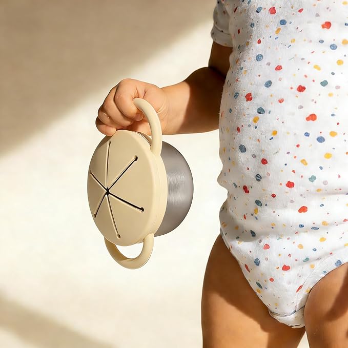 2 Pack Stainless Steel Baby Snack Cups for Toddlers Kids with Silicone Food Catcher, Travel Lid, Spill-Proof Bowl Containers, Toddlers Essentials