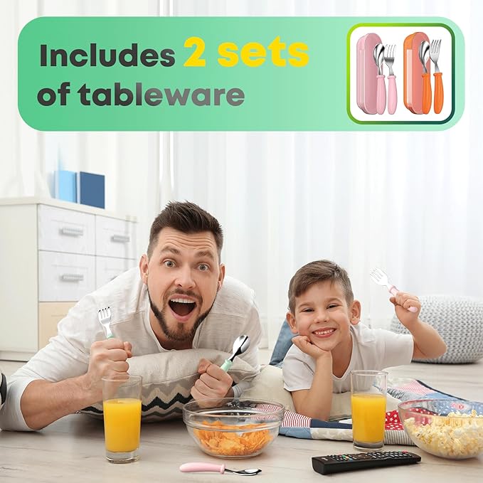 Toddler Utensils, Toddler Forks and Spoons, Baby Stainless Steel Silverware Set with Storage Box for Self Feeding Safe, Dishwasher Safe (2 Set with Case)